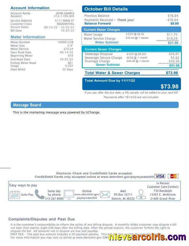 USA Michigan Water and Sewerage Department utility bill, 2 pages 2